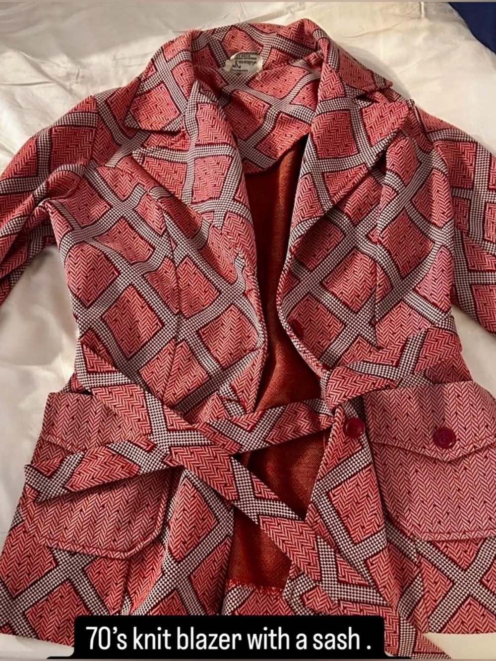 Vintage, 70s Knit Blazer in Red Geo Print with Sash